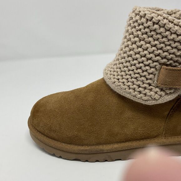 UGG Darrah Girls Sweater Knit Chestnut Suede Sheepskin Foldover Button 5 Kids - Picture 3 of 16